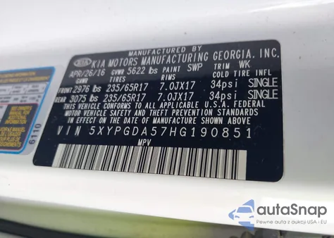 2017 Kia Sorento 3.3L Lx из США, поврежденный, VIN 5XYPGDA57HG190851